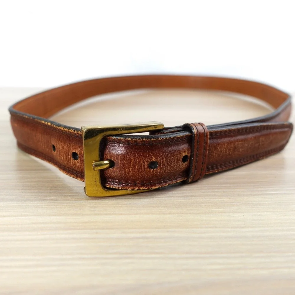 Classic Brown Leather Belt Mens 38 TRAFALGAR Gold Brass Buckle Veal Preppy Ivy